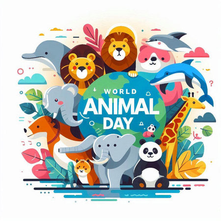 World Animal Day concept with cute cartoon animals. Vector illustration in flat style.のイラスト素材