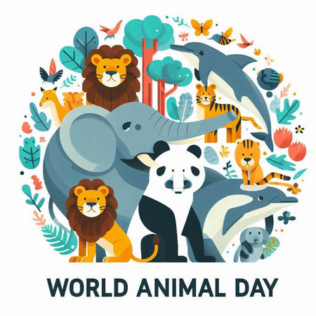 World Animal Day banner with cute animals. Vector illustration in flat styleのイラスト素材