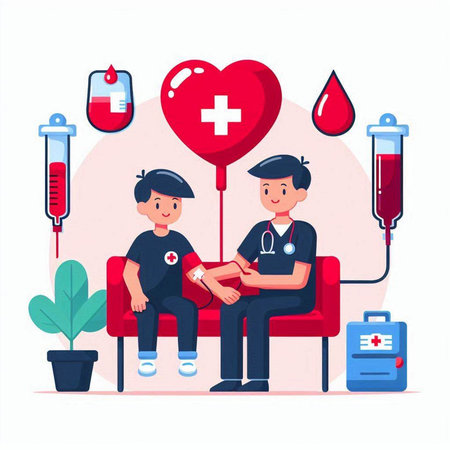Blood donation concept. Doctor and patient. Vector illustration in flat styleのイラスト素材