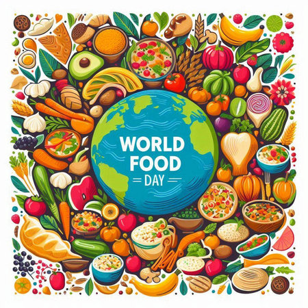 World food day poster with hand drawn vegetables and fruits. Vector illustrationのイラスト素材