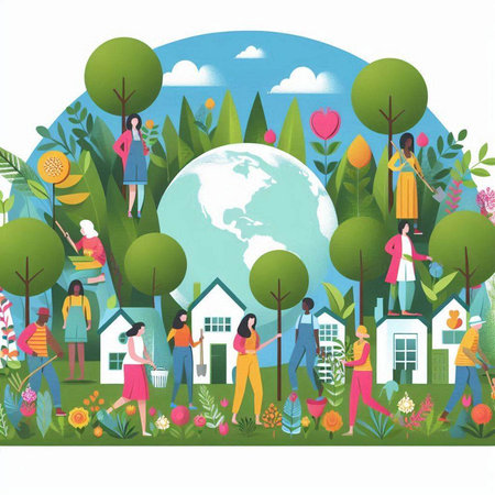 Happy family with children playing in the garden. Cartoon vector illustration.のイラスト素材