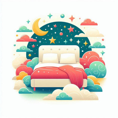 Bed in the night sky with clouds and stars. Vector illustration.のイラスト素材