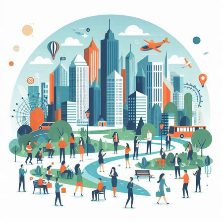 Vector illustration of people walking in the city. Urban scene in flat style.のイラスト素材