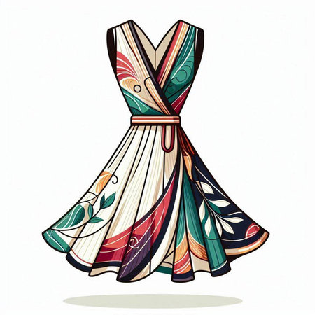 Fashionable woman's dress with colorful floral ornament. Vector illustration.のイラスト素材