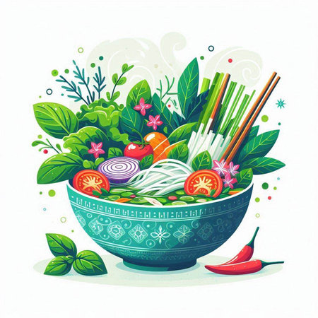 Vegetable salad in a bowl with chopsticks. Vector illustration.のイラスト素材