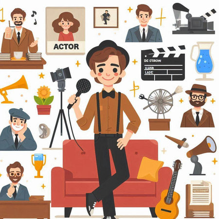 Journalist, journalist, journalist, journalist, journalist, cameraman, journalist. Set of vector illustrations.のイラスト素材