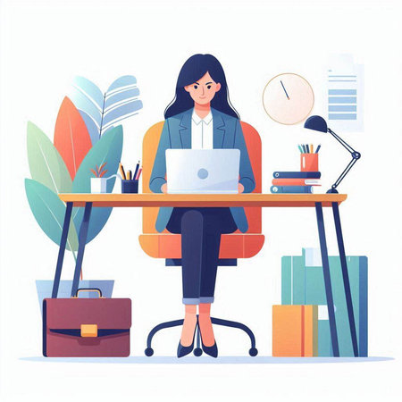 Businesswoman sitting at desk and working on laptop. Vector illustration.のイラスト素材