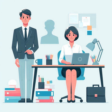 Businessman and businesswoman in office. Vector illustration in flat styleのイラスト素材