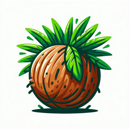 Coconut with leaves on a white background. Vector illustration.のイラスト素材