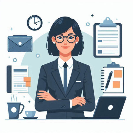 Business woman with laptop and documents. Vector illustration in flat style.のイラスト素材