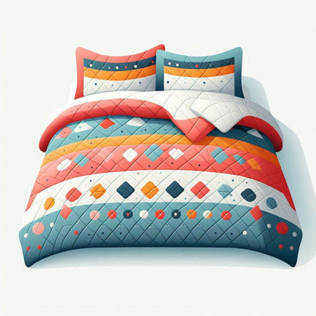 Pillow bed with colorful geometric pattern. 3D rendering.のイラスト素材