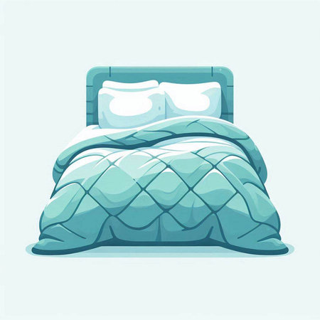 Vector illustration of a blue bed with pillows and a blanket.のイラスト素材