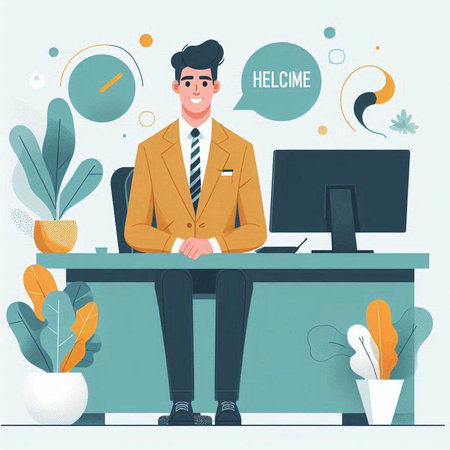 Handsome man sitting at the desk in office. Vector illustrationのイラスト素材