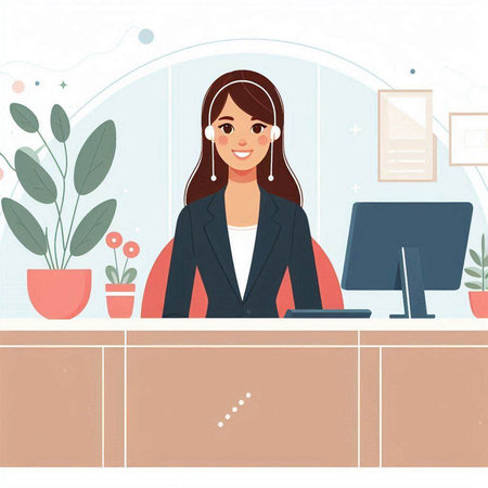 Vector illustration of female receptionist at the counter in the office.のイラスト素材