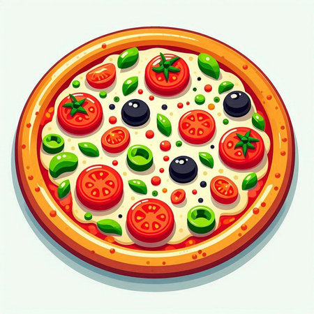 Pizza with tomato, olives and pepper. Vector illustration.のイラスト素材