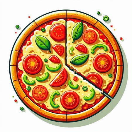 Pizza with tomatoes and mozzarella on a white background.のイラスト素材