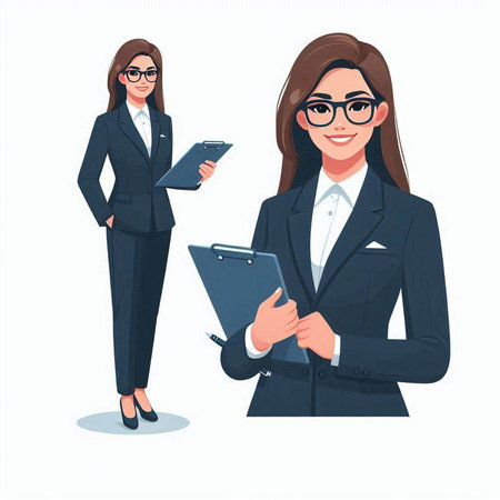 Business woman with clipboard and glasses. Vector illustration in cartoon style.のイラスト素材