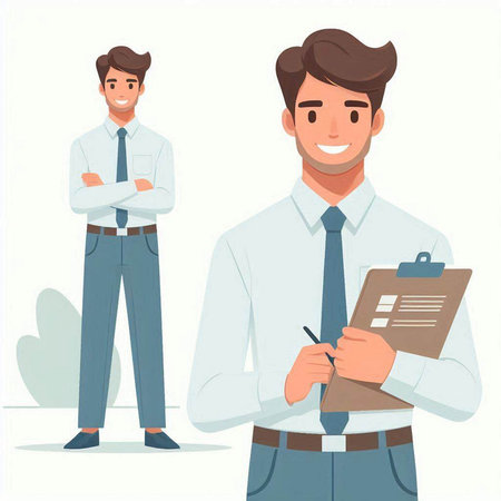 Businessman character. Businessman with clipboard. Vector illustration in cartoon styleのイラスト素材