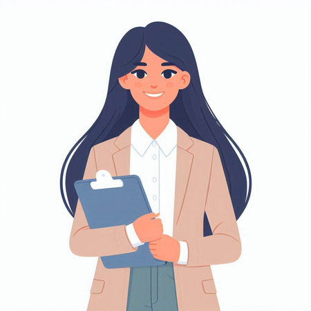 Young business woman holding clipboard. Vector illustration in a flat style.のイラスト素材