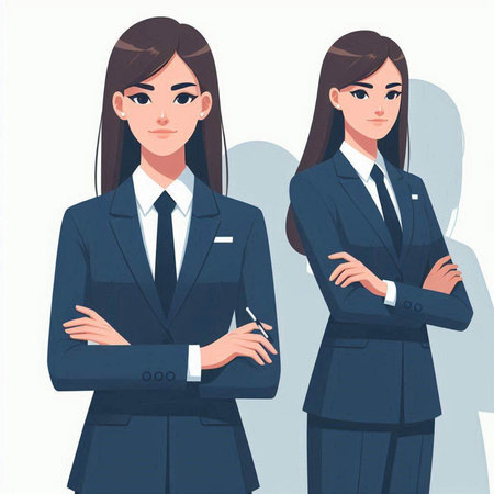 Two business women in business suits standing with crossed arms. Vector illustration.のイラスト素材