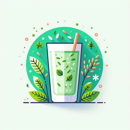 Green smoothie in glass with straw and leaves. Vector illustration.のイラスト素材
