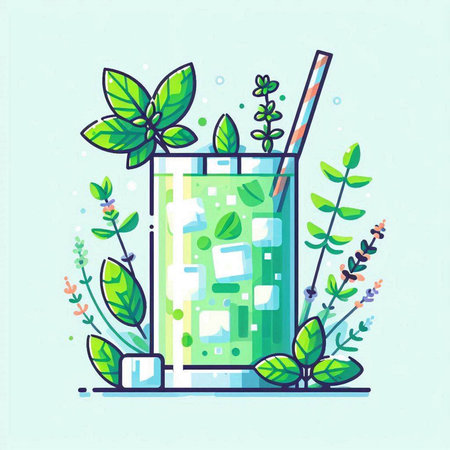 Green smoothie with mint and ice. Vector illustration in flat styleのイラスト素材