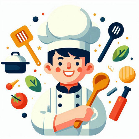 Chef boy with cooking tools. Vector illustration in cartoon style.のイラスト素材