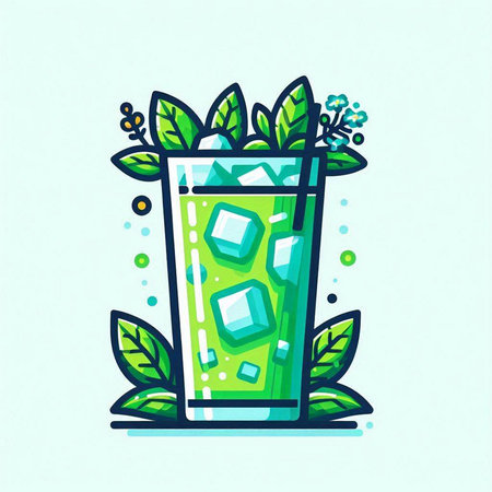 Cocktail icon with mint leaves and ice cubes. Vector illustration.のイラスト素材