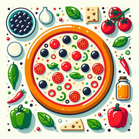 Pizza with pepper, olives, tomatoes and cheese. Vector illustration.のイラスト素材