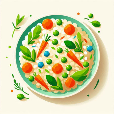 Rice porridge with carrots, peas and greens. Vector illustration.のイラスト素材