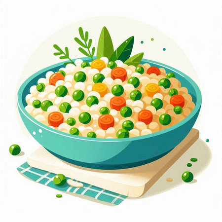 Vector illustration of a bowl of oatmeal with peas and carrots.のイラスト素材