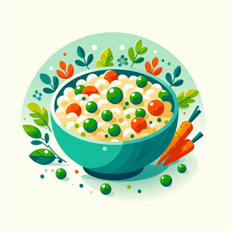 Illustration of a bowl of rice porridge with green peas and carrotsのイラスト素材