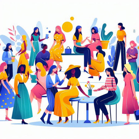 People in cafe or restaurant vector illustration. Group of people sitting at table, talking, drinking coffee, chatting, drinking tea.のイラスト素材