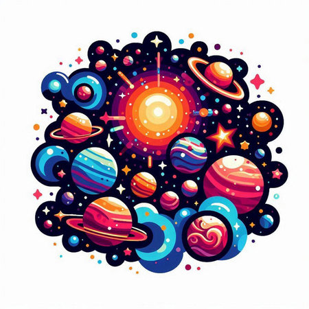 Cartoon space background with planets, stars and comets. Vector illustration.のイラスト素材