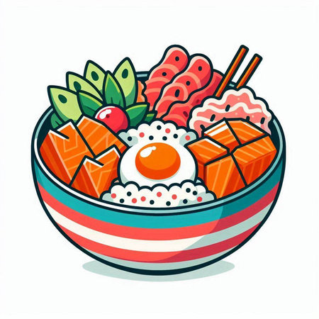 Bowl of rice with salmon and fried egg. Vector illustration.のイラスト素材