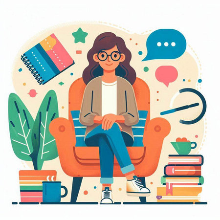 Woman sitting in armchair with book and coffee cup. Flat vector illustration.のイラスト素材