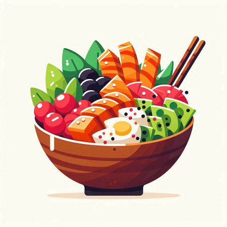 Bowl of salad with salmon and vegetables. Vector illustration in flat styleのイラスト素材
