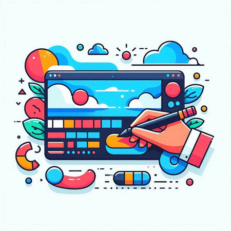 Vector illustration, flat line art design, web and mobile application development, cloud computing, programming, coding, programming, website development, online education, social media.のイラスト素材
