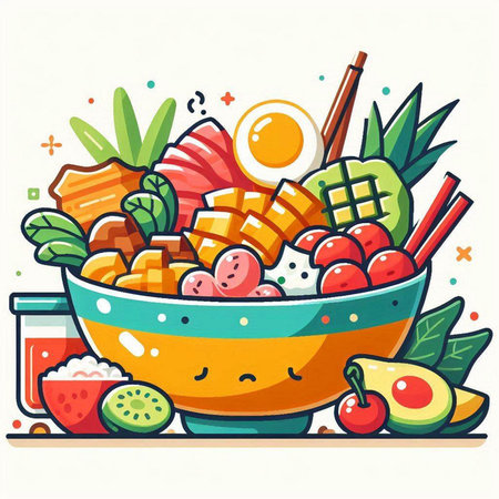 Colorful vector illustration of a bowl of Asian food in cartoon style.のイラスト素材