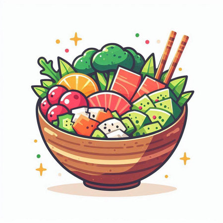 Salmon salad in a bowl with chopsticks. Vector illustration.のイラスト素材