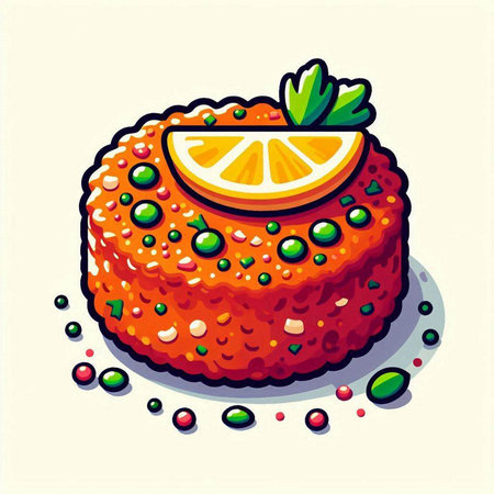 Illustration of a piece of cake with orange and green garnishのイラスト素材