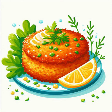 Illustration of fish cake with green peas, lemon and parsleyのイラスト素材