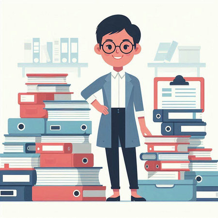 Young man standing in front of piles of documents. Vector flat illustrationのイラスト素材