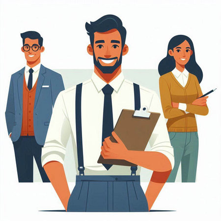 Businessman with clipboard and colleagues in office. Vector illustration in cartoon styleのイラスト素材