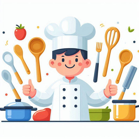 Chef boy in uniform cooking in kitchen. Vector illustration in cartoon styleのイラスト素材