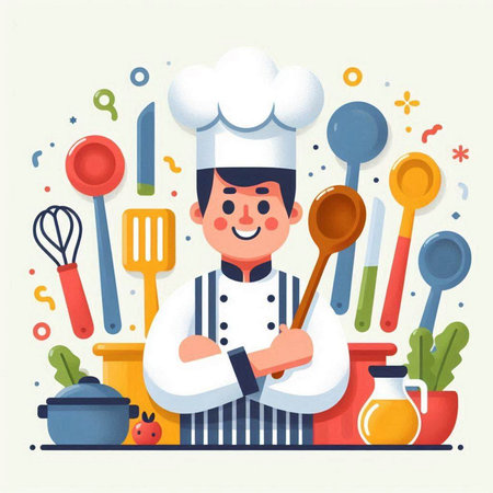 Chef cooking in kitchen flat vector illustration. Cartoon male character in chef hat and apron with ladle and spoon.のイラスト素材
