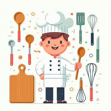 Chef boy with kitchen utensils. Vector illustration in flat styleのイラスト素材