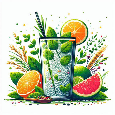 Vector illustration of a glass of cocktail with lemon, grapefruit, lime, mint, ice and spices.のイラスト素材