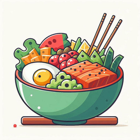 Salmon poke bowl with chopsticks. Vector illustration in cartoon style.のイラスト素材
