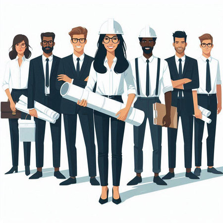 Group of architects, engineers and business people. Vector illustration in cartoon style.のイラスト素材